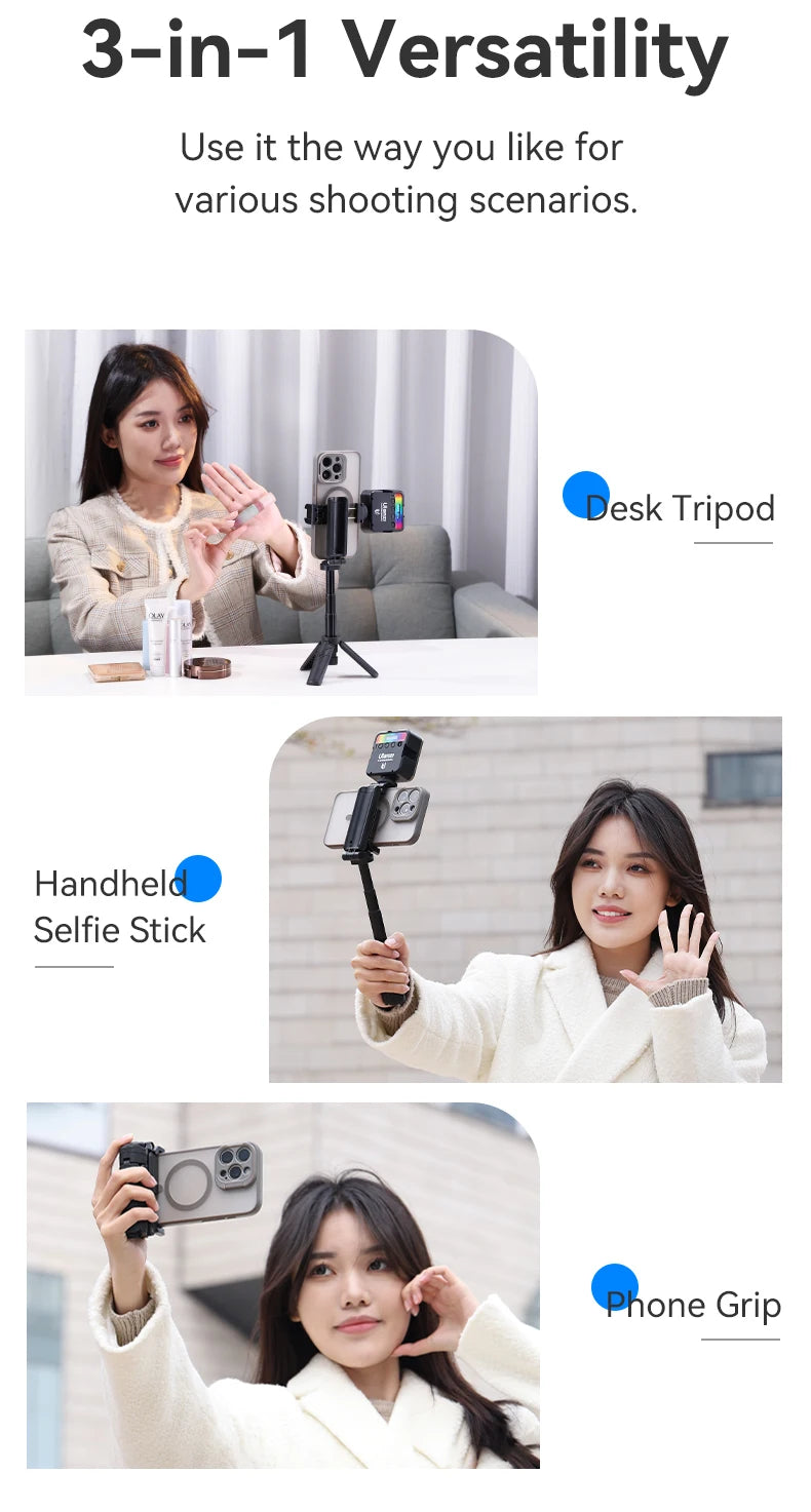 ULANZI JJ02 Selfie Stick Tripod Extendable Grip Phone Tripod with Detachable Remote 2 Cold Shoe Pocket Size Mini Phone Stand