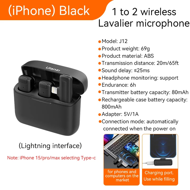 Ulanzi J12 Wireless Lavalier Microphone Audio Video Recording Mini Mic Plug Play For Smartphone Android iPhone Live Broadcast