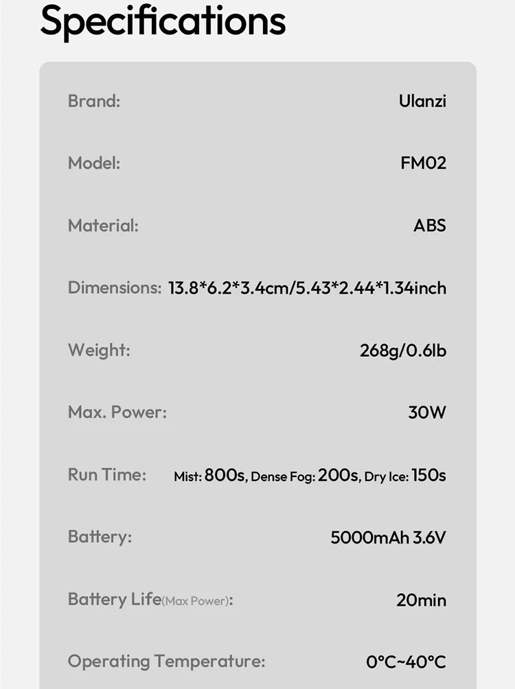 ULANZI FM02 Portable Fog Machine 30W Battery Powered Portable Smoke Machine Handheld Fog Machine Fogger Camera Accessories