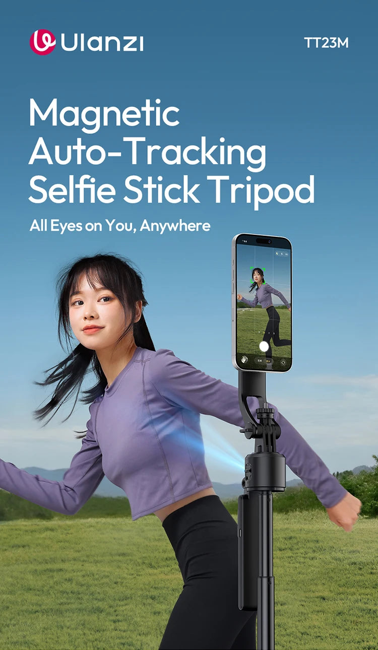 Ulanzi Magnetic Auto-Tracking Selfie Stick Tripod Compact Foldable Control Al-Powered Focus 360°Auto Smart Face Tracking