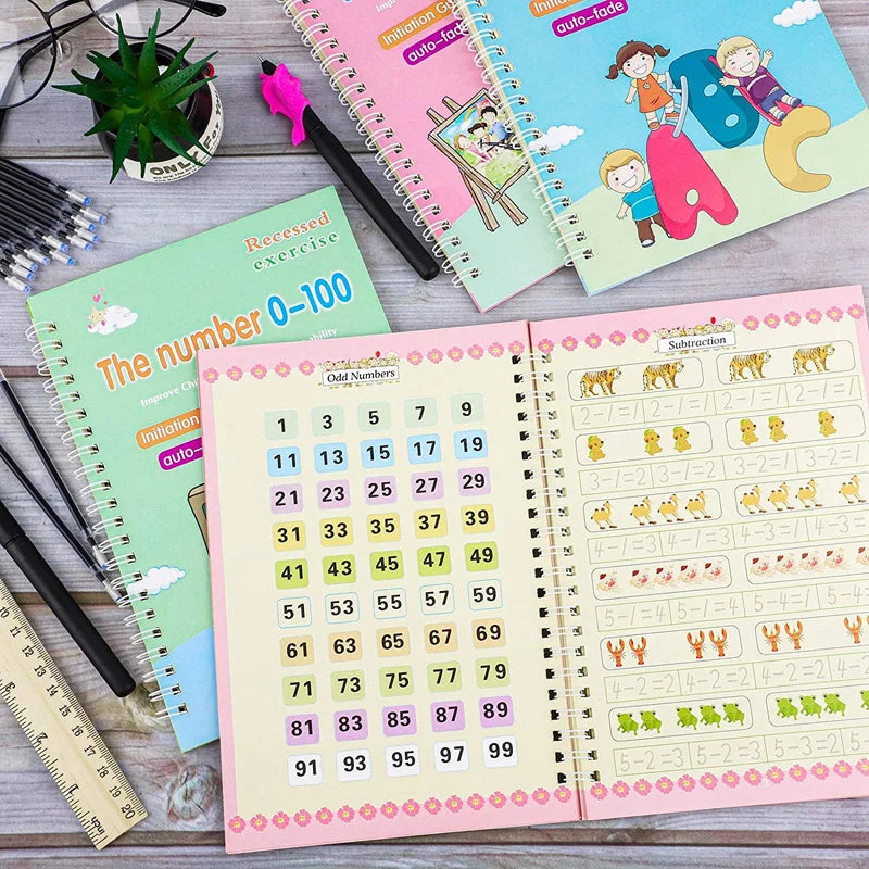 4 French Calligraphy Practice Sets, Alphabet And Number Workbook, French Beginner Activity Copybook