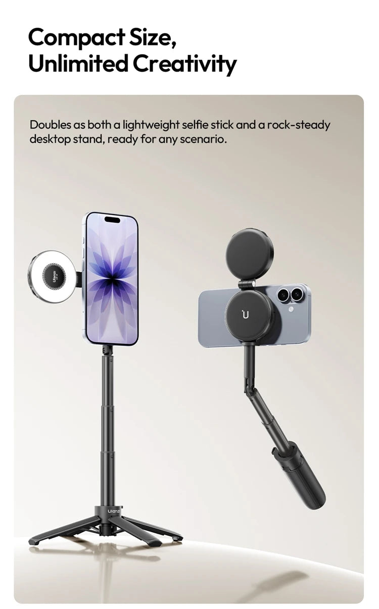 Ulanzi MT71 2 in1 Magnetic Mini Selfie Stick Desktop Tripod Stand for Iphone 17 16 15 Pro Max Android 180° Adjustable for Tiktok