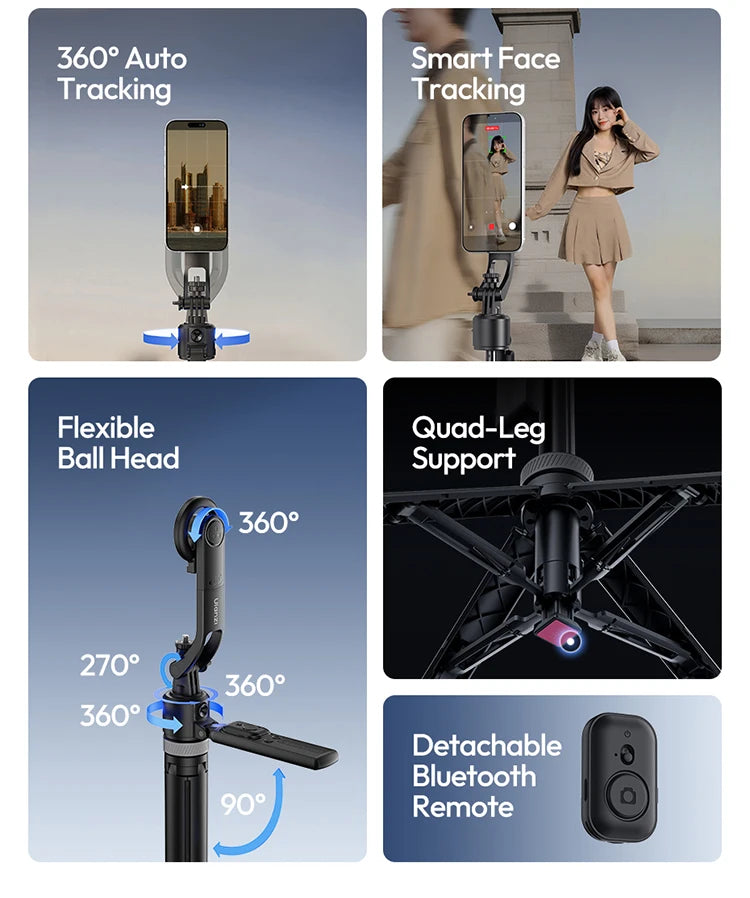 Ulanzi Magnetic Auto-Tracking Selfie Stick Tripod Compact Foldable Control Al-Powered Focus 360°Auto Smart Face Tracking