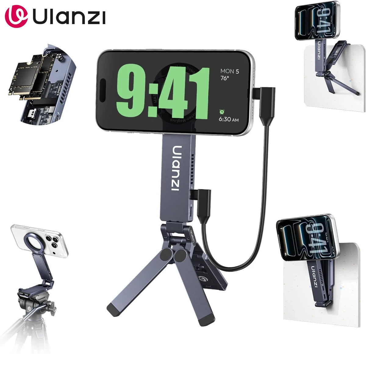 ULANZI MA58 Magnetic Phone Tripod for iPhone with Hard Drive Enclosure Uka Arca-Swiss Mount, 1/4" Mount, Fits SSD 2230/2242