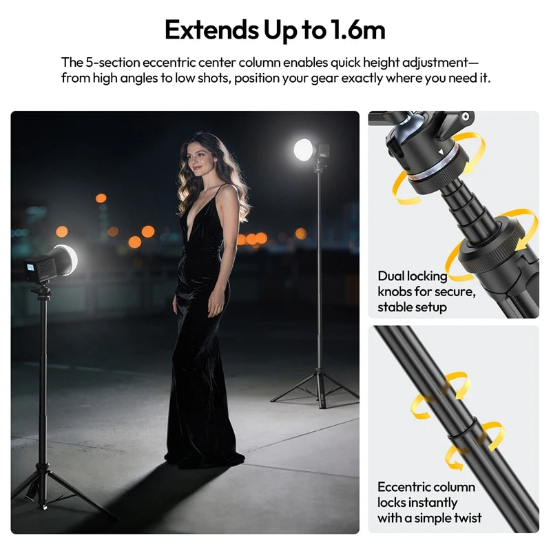 Ulanzi MT93 1.6M Camera Phone Light Stand Aluminum Alloy Portable Auto-Open Tripod with Uka 360° Ball Head Quick Release Plate
