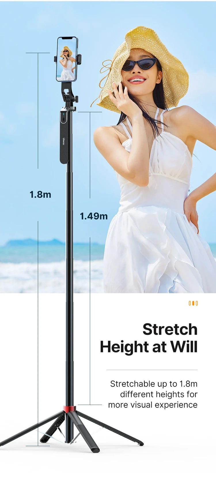 Ulanzi MA09 1.8m Selfie Stick Tripod for iPhone 16 15 Android Phone with Remote Control Panoramic Ball head Holder U200 VL49 Kit